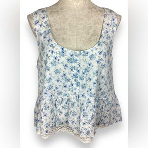 WAYF Cropped Floral Ruffle Tank Top white blue lace trim ruffle flowy